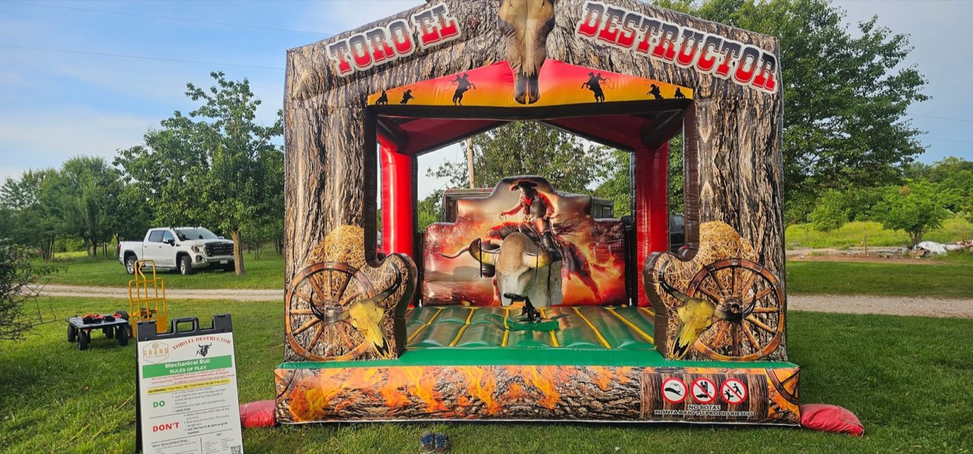 Pink and black mechanical bull with longhorn skull graphics